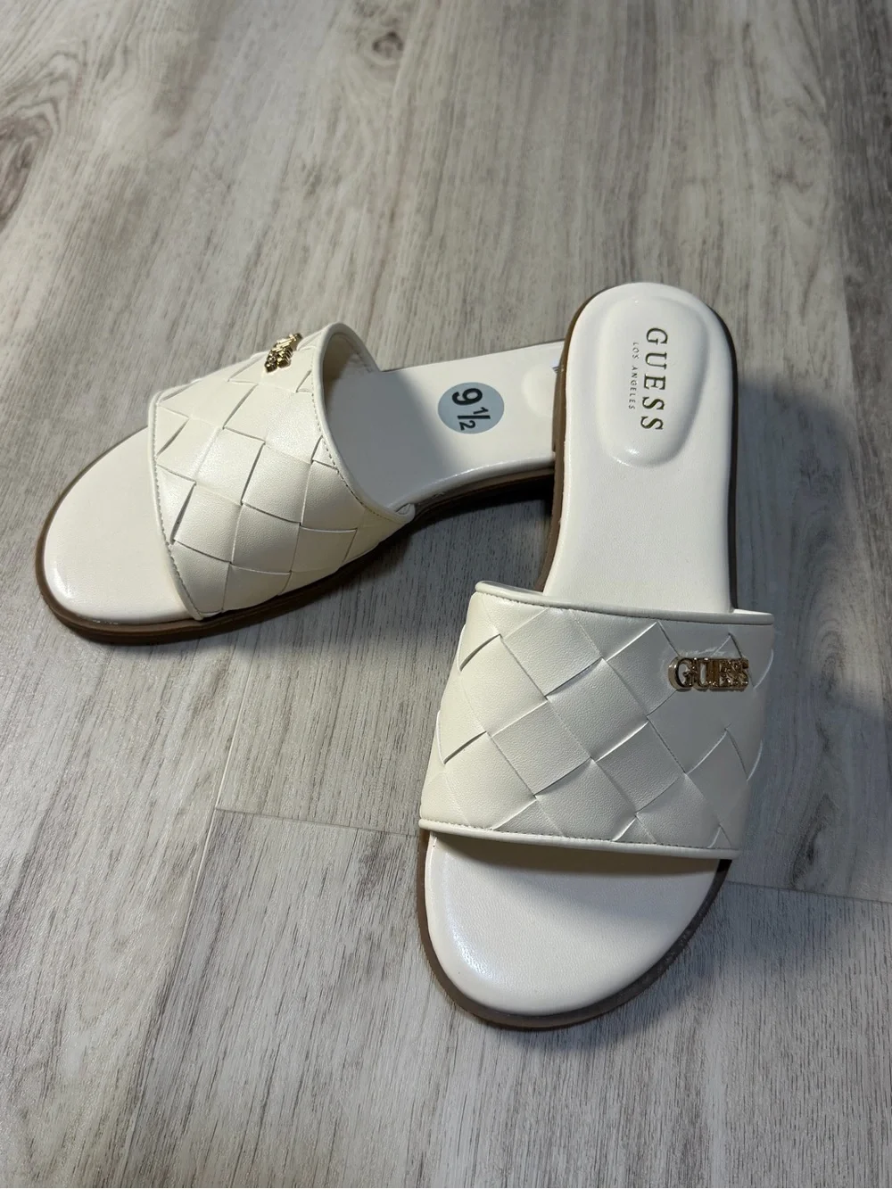 GUESS Cream Woven Slide Sandals with Gold Logo
